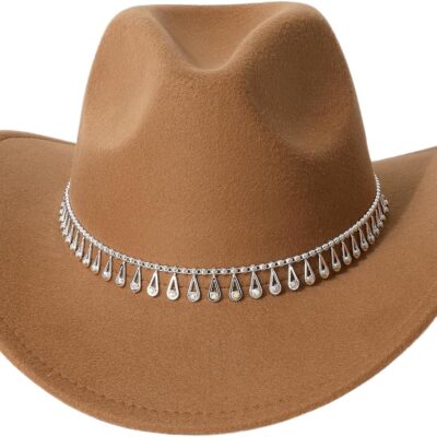 Women Rhinestone Fedora Cowboy Hat Wide Brim
