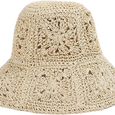 Women Floral Crochet Straw Bucket Hat Boho Foldable