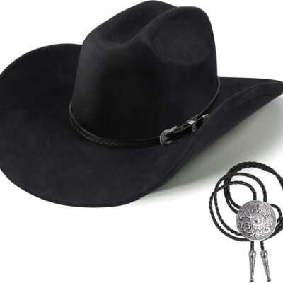Western Felt Fedora Cowboy Hat Shapeable Wide Brim with Bolo Tie Unisex