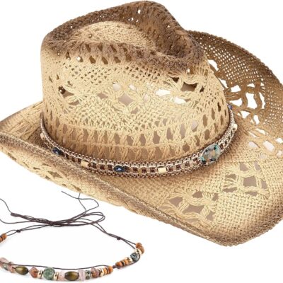 Unisex Straw Cowboy Hat with Two Decorative Bands