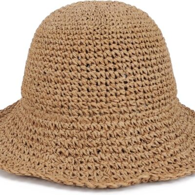 Women Straw Bucket Hat Wide Brim Foldable UPF 50+
