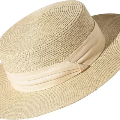 Women Straw Boater Hat Wide Brim Foldable Packable