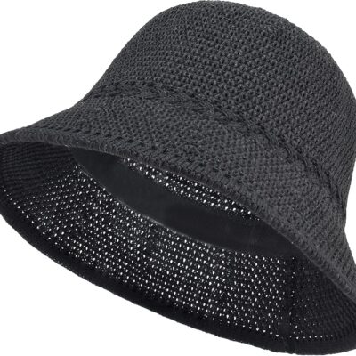 Women Crochet Bucket Hat Packable Faux Straw UV Protection Adjustable Breathable